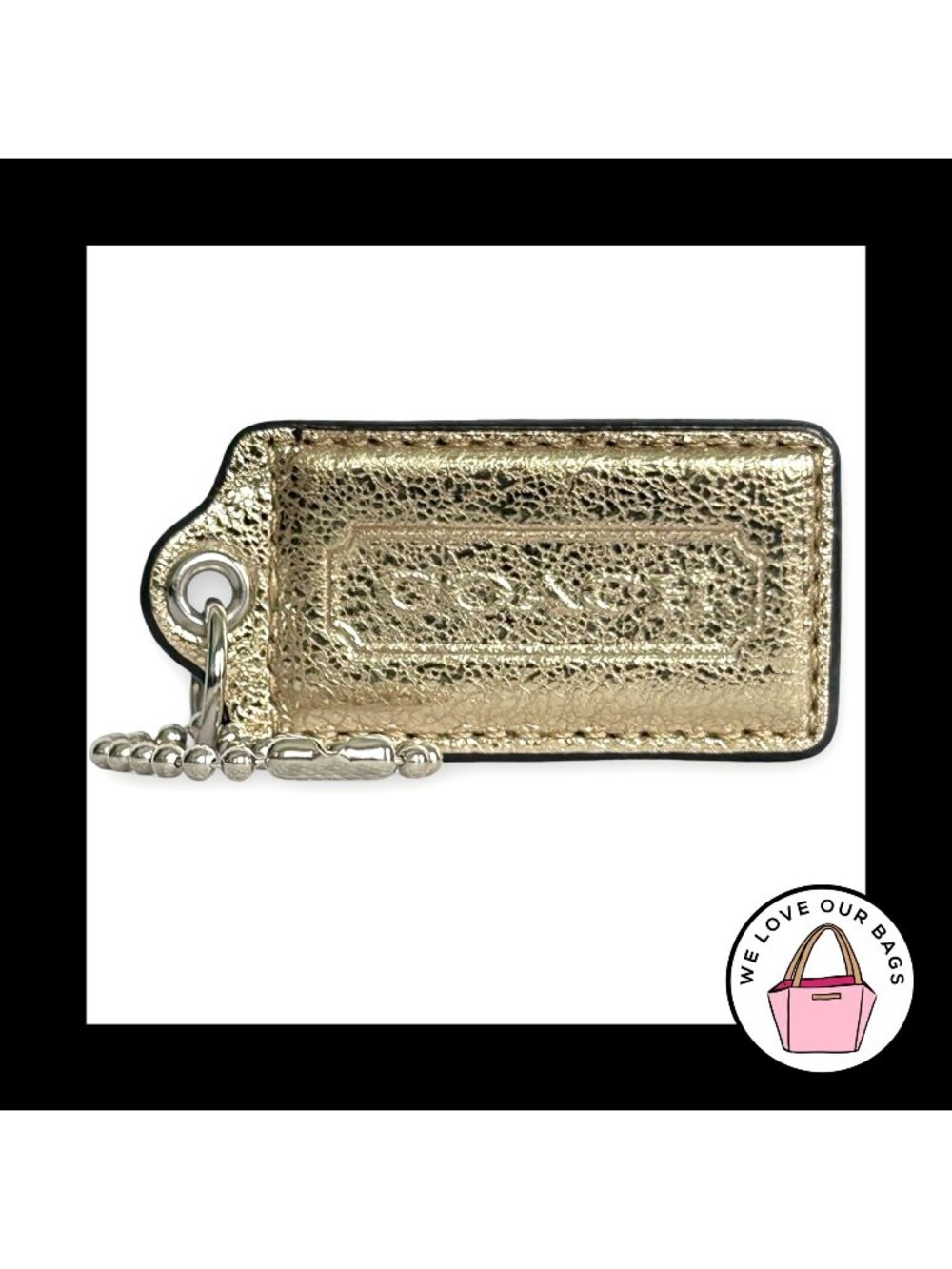 COACH POPPY HANG TAG 2.5" Gold Crackle Leather Bag Charm Keychain Fob Large